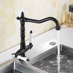 Black Kitchen Faucet Deck Mounted Kitchen Sink Mixer Antique Brass Bathroom Faucet 2 Handles Rotatable Gold Kitchen Taps