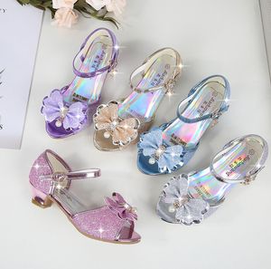 Sneakers 10 Colors Children Princess Sandals Kids Girls Wedding Shoes High Heels Dress Bowtie Gold Pink Blue Silver For 230814