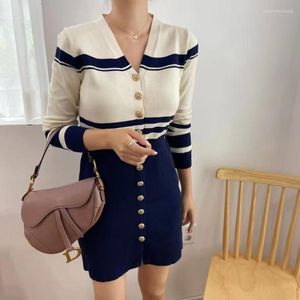 Casual Dresses Korean Chic Autumn Winter Golden Button Knitting Dress Vintage Fashion Women's V Neck Hit Color Striped Bodycon Mini Vestidos