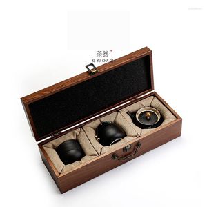 Tassen Untertassen tragbare Vintage Schwarze Keramik Schnelle Tasse One Topf vier Reise Tee Set Keramikgeschenk geschnitzte Holzkiste