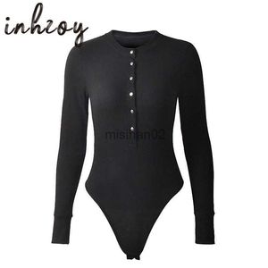 Jumpusy damskie Rompers Autumn Casual Solid Kolor Kobiety Kobiety z długim rękawem okrągły szyi Bodysiany Tops Panie Front Snap Button Jumpsuits Lotard Shirts HKD230814