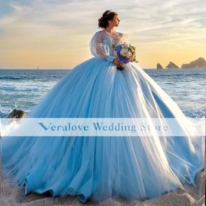 Princess Light Blue Quinceanera Dresses With Long Sleeves Tulle Sweet 16 Prom Party Dress Appliques Vestidos De 15 Anos