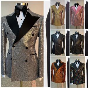 Sparkly Men Suits For Wedding Peaked Lapel Groom Wear Double Breasted Tuxedos 2 PCS Coat With Pants Prom Evening Party Anpassa