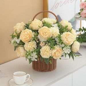 Dekorativa blommor konstgjorda pion med stam 6 huvud bröllop po props realistiska återanvändbara faux porslin rose blommor bukett heminredning leveranser