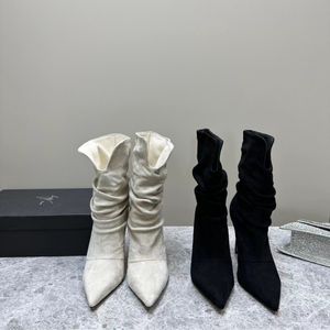 Yunah Boots 럭셔리 디자이너 여성 브라이타 부츠 패션 스웨이드 가죽 패브릭 포인트 발가락과 발목 부츠 소프트 부츠 얇은 하이힐 유나 크리스탈 부츠 크기 35-40