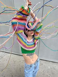 Kvinnors tröjor Rainbow Tassel Stickad Tröja Kvinnor Autumn Flare Sleeve virkning Crochet Croped Female Fashion Contrast Color Loose 230814