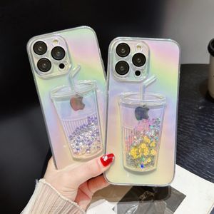 Gradient kolorowy laserowy płynny piaski i kubek butelki butelki przezroczyste szalone okładki z okładką z obiektywem z aparatem Ochrata filmu na iPhone'a 15 14 13 12 11 Pro Max