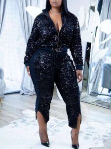 Kvinnor s plus size byxor lw sequined zipper design set glitter silver party två bit kvinnor klubb natt kläder mode kostym 230814