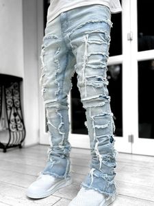 Mäns jeans streetwise stretch patch jeans för män botten baggy mäns kläder sommar fast mode mitt midja lapptäcke långa byxor man 230814