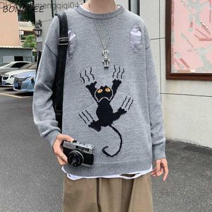 Men's Sweaters Tear pull pattern men's cat print youth personalized street clothing design package fully matched cool student unisex clothing sweater men's Z230814