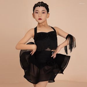 Scene Wear Girls Latin Dance Costume Tassel Tops kjol Cha Rumba Performance Clothes Black White Dress Kids Dancewear BL10564