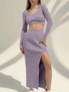 Work Dresses 2023 Knitted Winter Women Sexy Sweater Skirt Suit Y2K Fashion Long Sleeve Crop Tops And Split Dress Two Piece Sets