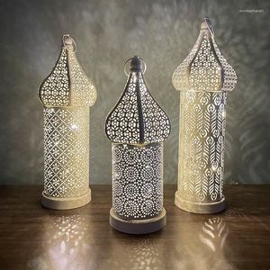 Strings Metal Mubarak Ramadan LED Lights Tower Mosque Lantern Eid Festival Warm Night Light Desktop Lamp Iron Decoration