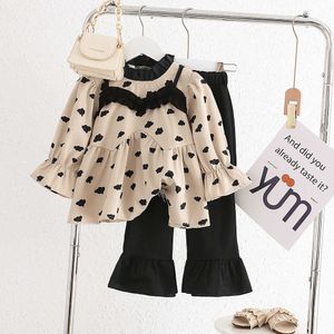 Clothing Sets Spring Autumn Children Girls' Long Sleeve Printed Shirts Tops +Flare Pants Two Pieces CLothing Set