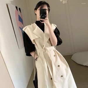 Women's Trench Coats WDMSNA Lapel Coat For Women Double Breasted Buckle Lace Up Waist Long Autumn Sleeveless Windbreaker