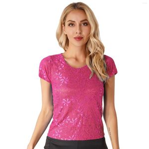 Women's T Shirts Womens Short Sleeve Flower Lace T-shirt Tops Round Neck Tee Top Party Holiday Travel Casual Solid Color