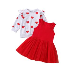 Set di abbigliamento Bambino Bambina 2 pezzi Abbigliamento per San Valentino Manica lunga Girocollo Stampa a cuore Top Gonne 0-5 anni
