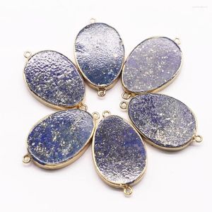 Pendant Necklaces Natural Stone Oval Pendants Connector Lapis Lazuli Flat Mineral Healing Gold Plated Edge Charms Jewelry Wholesale 4Pcs