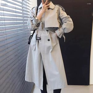 Женские траншевые пальто супероины корейские шикарные осенние винтажный стиль отворотный воротник с двойной грудью шнурок с длинным рукавом.
