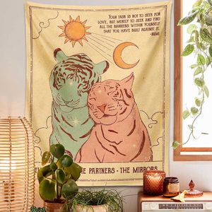 Tapestries Sun Moon Tapestry Wall Hanging Tiger The Loves Partners Mirrors Decoration Hippie Madrass Sidsrum Dekor gåva