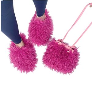 Mongoliska pälsbilder tofflor med väska Kvinnor Mens Rose Pink Bule Khaki Yellow Black White Red Fashion Outdoor Slipper