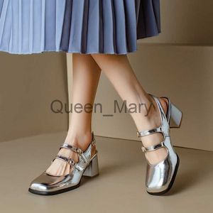 Dress Shoes Plus Size 44 45 46 Black Silver Chunky High Heels Mary Jane Shoes Women Square Toe Double Buckle Pumps Slingback Ladies Sandals J230815