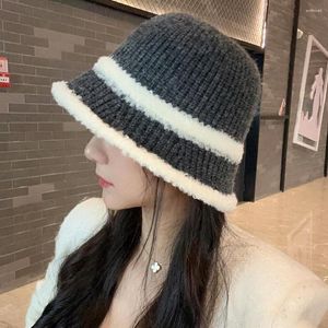 Berets Autumn And Winter Women Bucket Hats Dome Caps For Female Lambswool Acrylic Knit 56-58cm Contrast Color Warm Soft 2023