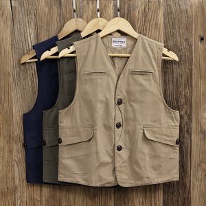 Men's Vests V Neck Casual Vest Retro Style Multi Pockets Fishing Cotton Outdoor Hunting Canvas Workwear 230812