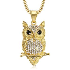 Hänghalsband Hip Hop Iced Owl Pendant Necklace For Women Gold Color rostfritt stål Animal Bling AAA CZ Halsband Kvinnesmycken 230814