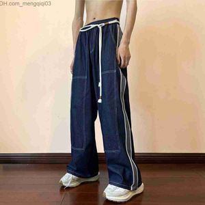 Men's Pants Men's wide leg jeans side striped denim pants fashionable stitching work straight pocket men's jeans hip-hop unisex denim Trousers Z230815