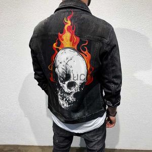 Męskie dżinsy vintage jeansowe Jaets Men Long Sleeve zapinany na guziki jean jaet jesień czaszka moda nadrukowane szczupłe płaszcze dżinsowe na męską streetwear J230814