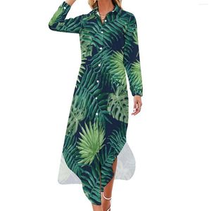 Casual Dresses Tropical Leaves Jungle Dress Palm Print Street Wear Long Sleeve Festival Women V Neck Big Size Chiffon