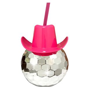 Rosa Cowboyhut-Ballbecher mit Strohhalm, galvanisierter Spiegel, Disco-Party-Getränkebecher, Weingläser, Großhandel