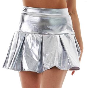 Faldas para mujer y niña, minifaldas plisadas metálicas brillantes, cintura alta, línea A, con volantes, Rave, Carnaval, Festival, ropa, disfraz de baile