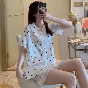 Kvinnors sömnkläder Summer Thin Pyjamas kortärmad koreansk version söt siden simulering v-hals sexig spets hushållskläder kostym