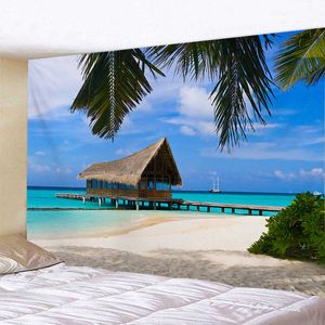 Гобелены на заказ, солнечное зеленое дерево, пляж, гостиная, спальня, украшение, подвесной тканевый гобелен, настенный фон