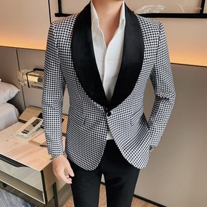 メンズスーツイギリススタイルの秋のファッション格子縞のブレザージャケットメンズ衣類2023 1つのボタンスリムフィットカジュアルスーツコートフォーマルウェア