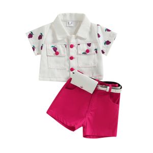 Conjuntos de roupas 1-6 anos moda infantil meninas conjuntos de roupas de verão manga curta lapela estampa de frutas tops shorts com bolsa de cintura