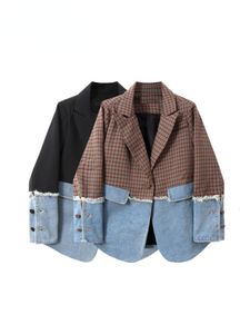 Kvinnors kostymer blazers pläddräkt denim stitch jacka vår och höst designkänsla koreansk version lös långärmad svart blazer kappa kvinnlig 230815