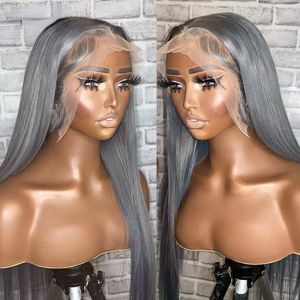 Gray Straight Lace Front Wig Red/Blonde/Pink /Highlight Simulation Human Hair Wigs For Women 13x4 HD Transparent Brazilian Colored Hair Wigs