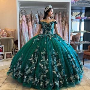 Schwärzgrün Quinceanera Kleider Ballkleid 3d Blumenapplikationen Spitze ärmellose schulter handgefertigte Blumen Süße 15 Party