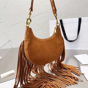 Half Moon Tassel Underarm Hobo Crescent Påsar Crossbody Axel Women Bag Handväskor Designer Handväska Purse Plain Shopping Suede Justerbara remmar