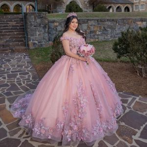 Różowe lśniące 3dflowers aplikacje gorsetowe z ramion quinceanera sukienki balowe sukienka księżniczka vestidos de 15 impreza