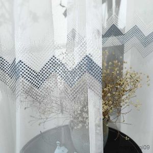 Curtain Modern Embroidery white tulle curtains for bedroom living room readymade blue gray Wave curtains R230815