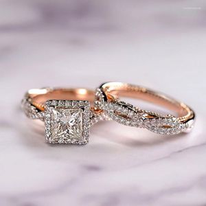 Wedding Rings Luxury Princess Cut White Zircon Square Ring Set For Women Silver Rose Gold Color Bridal Sets Promise Engagement Jewelry