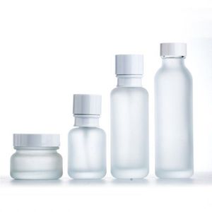 50 110 150ML frosted glass bottle Cream Jar with white pump& lid for serum/lotion/emulsion/foundation cosmetic packing Boqou