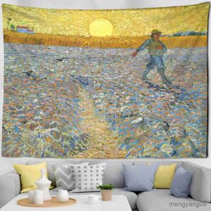 Tapestries Riverside Forest Architecture Tapestry Wall Hanging Hippie Art Landscape Gogh Painting Bedroom Home Decor R230815