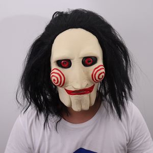 Party Masks Movie Saw Chainsaw Massacre Jigsaw Puppet with Wig Hair Latex Creepy Halloween Horror Scary mask Unisex Cosplay Prop 230814