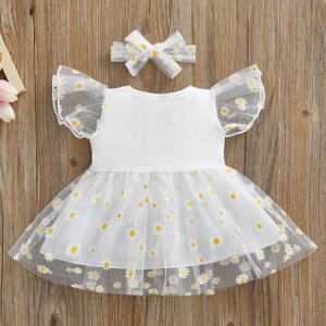 Flickans klänningar 0-24m Baby Girls Princess Dress med pannband Sommar Sweet Flying Sleeve Patchwork Sunflower Print Mesh Dresses Set