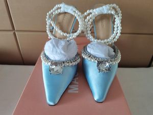 صندل Machmach Diamond Pearls Satin High Heels Pumps Sandal Slippers Bugles Desinger Shoes for Women Size 35-42 Fendave